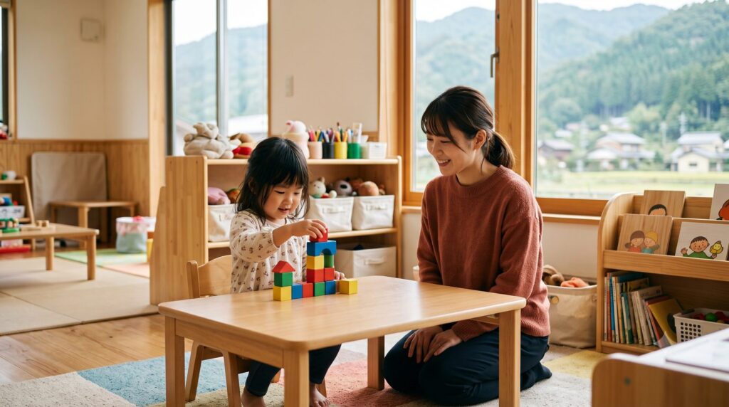 木のおもちゃで遊ぶ子どもに寄り添う保育者。沼田市の児童発達支援と療育のイメージ
